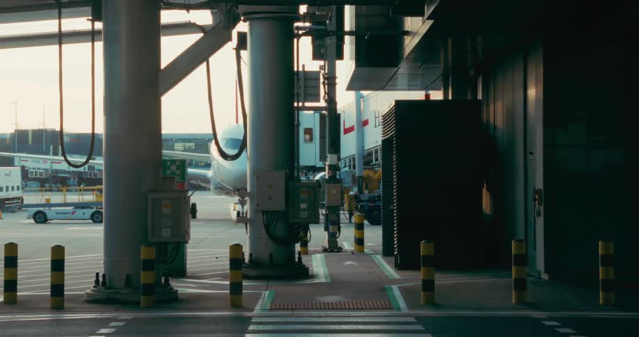An airplane sits at an airport gate as ground service vehicles move nearby