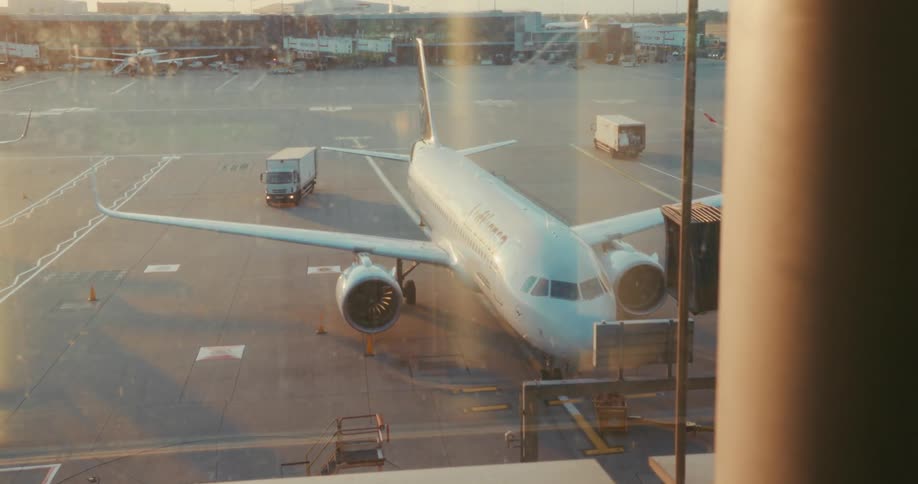Airplanes and trucks parked outdoors on the airfield area of an airport