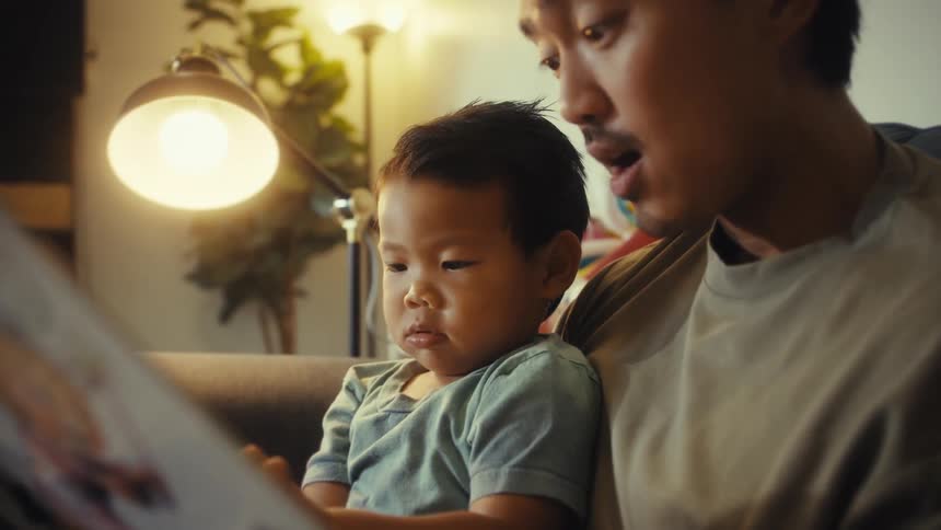 Father reading to his two young children on the couch