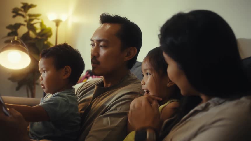 A family of foura father mother toddler and young girlsitting on the couch with the father reading a storybook