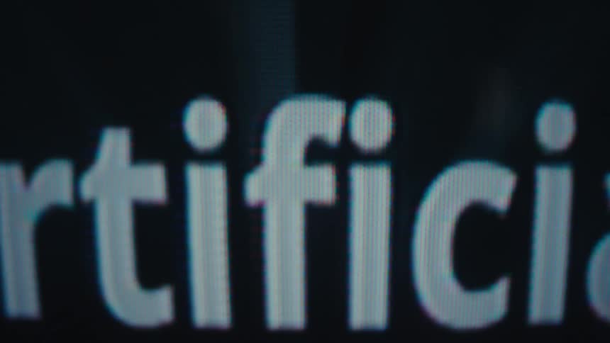 An animated display reading artificial intelligence on a dark screen
