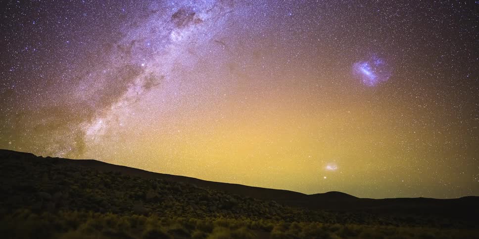 A sky filled with the milky way and other celestial bodies is visible above a landscape with a horizon line and some foliage in the foreground