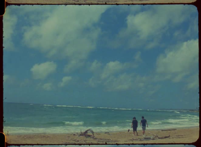 Two people walking on the beach