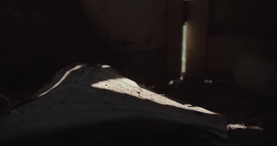 A pile of light brown dirt or sand is illuminated by a diagonal beam of light that shines from a doorway on a dark background with small particles of dust floating through the light