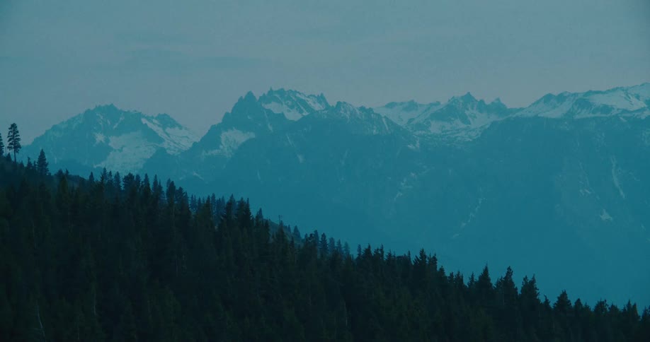 A lowangle wide shot shows a vast mountain range with snowcapped peaks against a pale blue sky in the foreground a dense dark forest of pine trees covers the lower slopes of the mountains