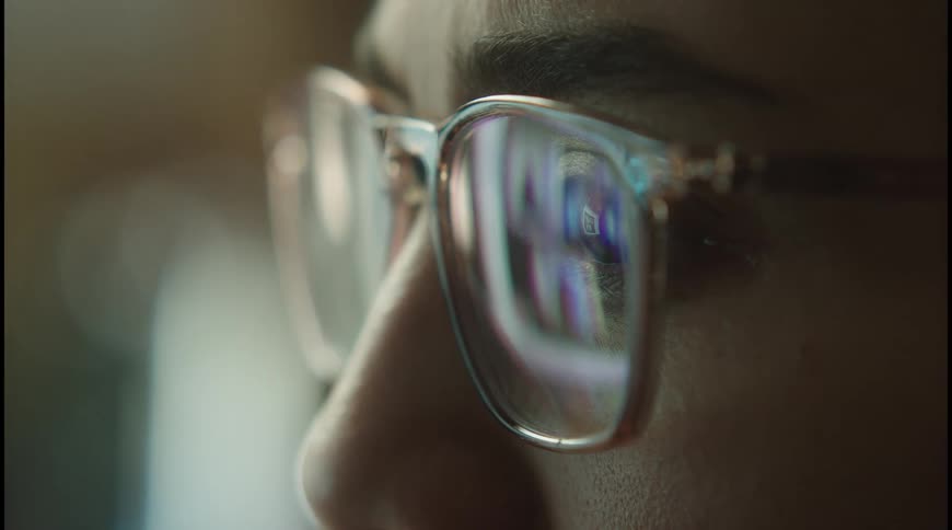 The camera is zoomed in on a persons face and shows light from a screen reflected in the persons eyeglasses