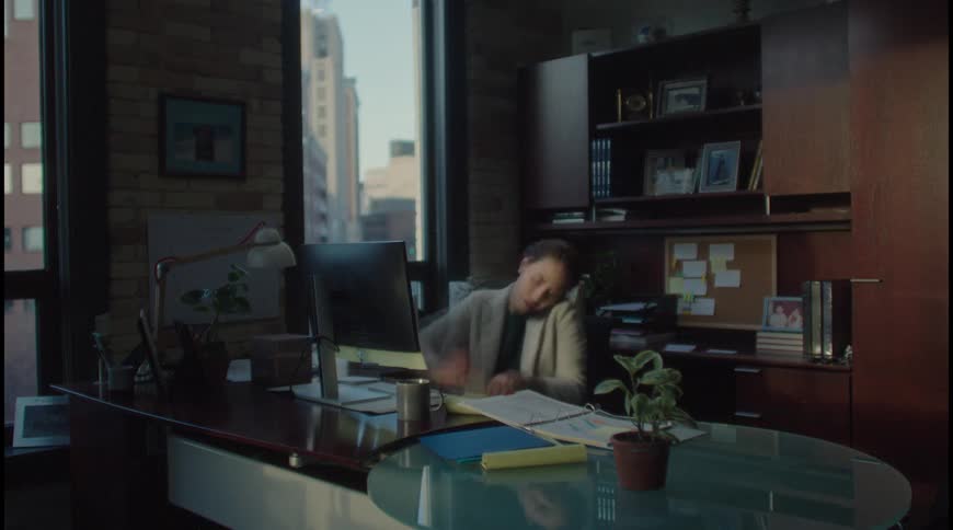 A woman sits at an office desk and works on the phone and the computer