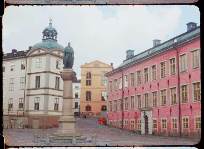 A town plaza with a statue