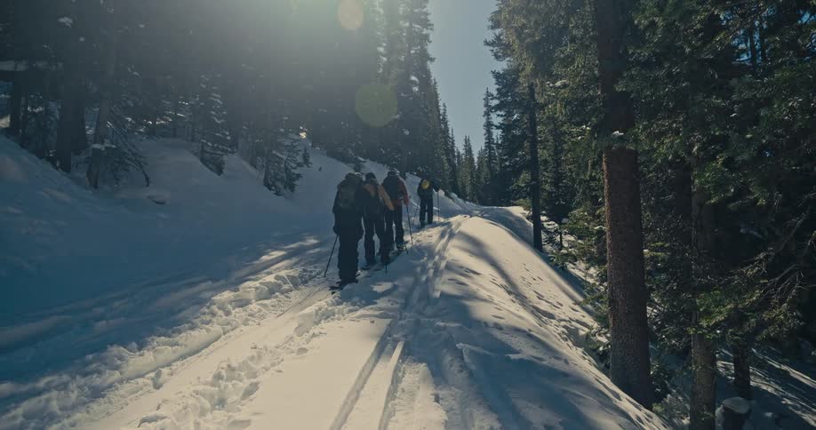 Group of skiers walking down a snowy mountain