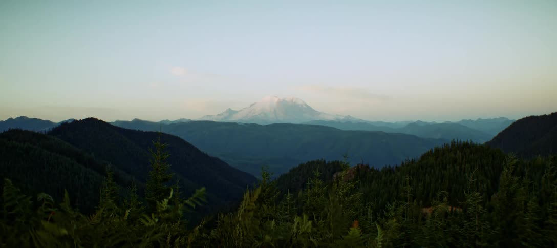 Mountains covered by forests with a snowy peak in the background