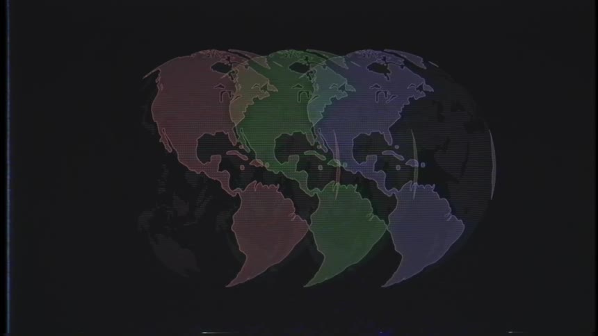 A globe overlaid thrice spins in darkness