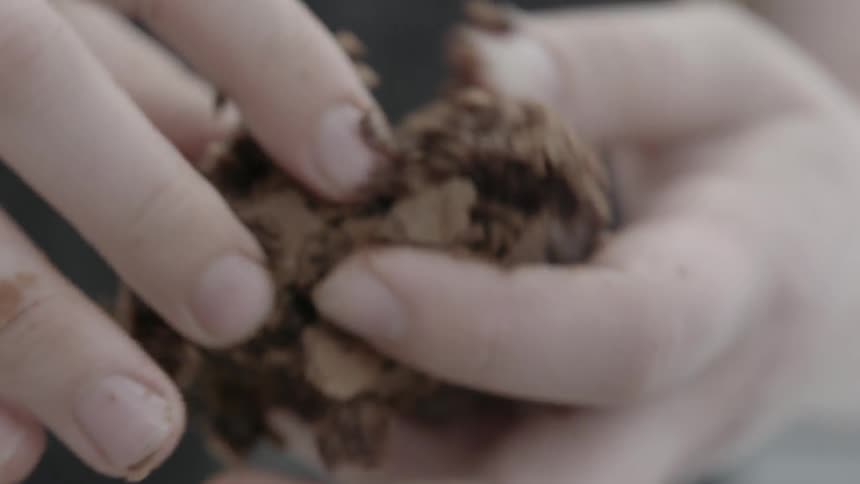 A woman breaks up chocolate in a bowl