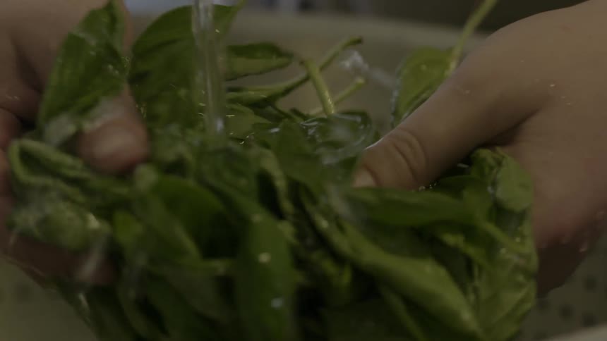 A person washes some greens in a strainer