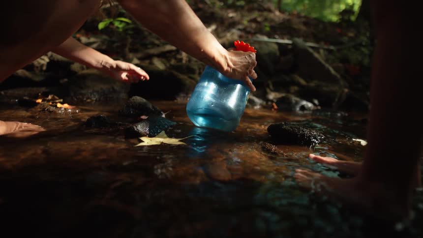 A person collects water from a forest stream with a blue container