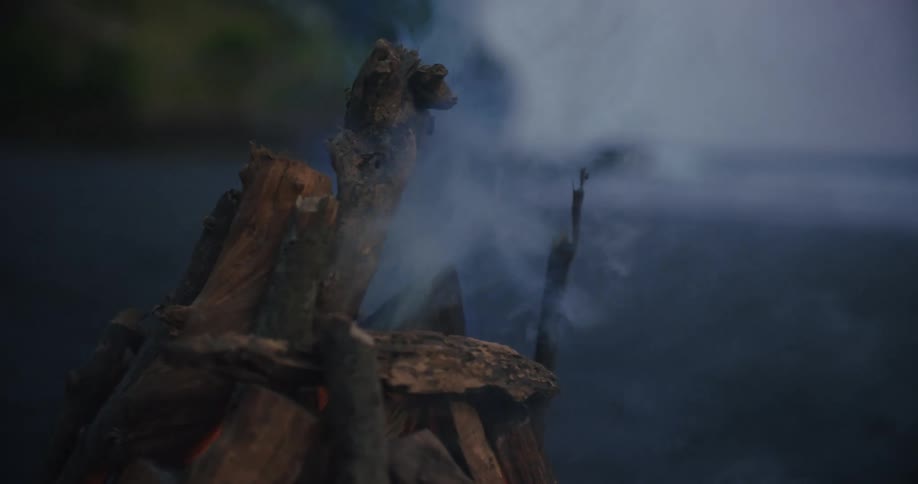 A small campfire burns on wooden logs near the beach