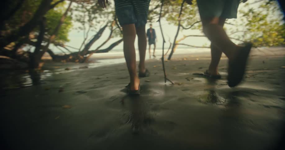 Two children in shorts and dark sandals walks on a wet sandy beach while holding a long stick with trees and the ocean visible in the background