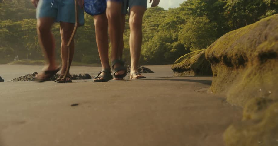 Group men walk along the sand of a beach surrounded by trees