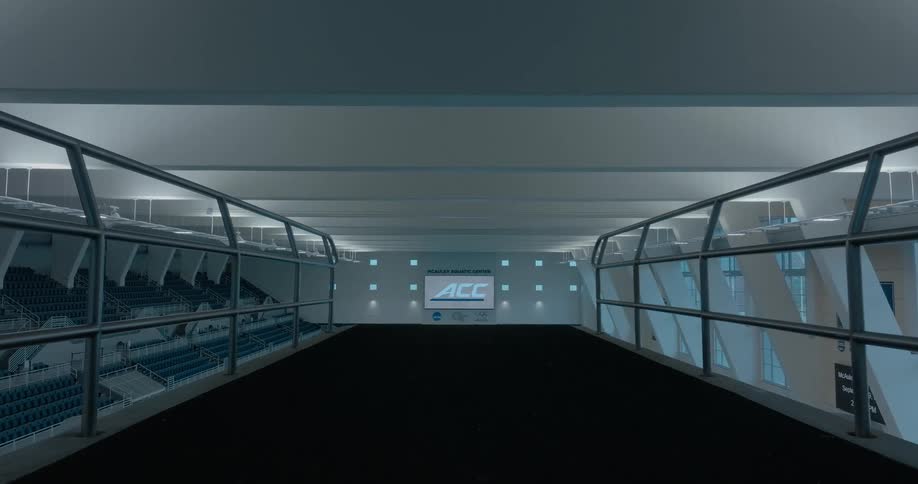 The camera shows a view from a high platform looking over an empty indoor swimming pool with a diving board and bleachers on the sides