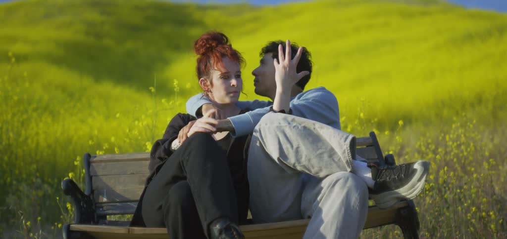 A man and a woman dancing while sitting on a bench in the middle of a grassy field outdoors