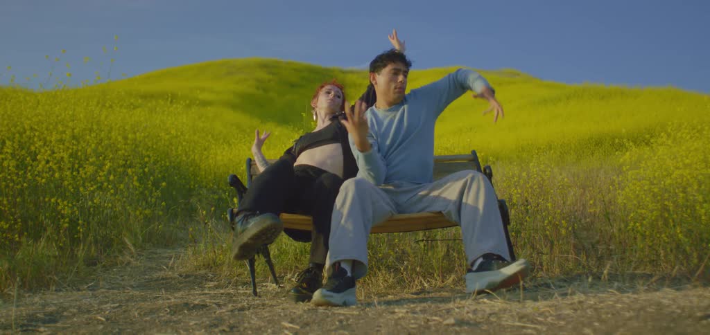 Couple sitting on a bench in the field moves their arms and legs as if they were dancing