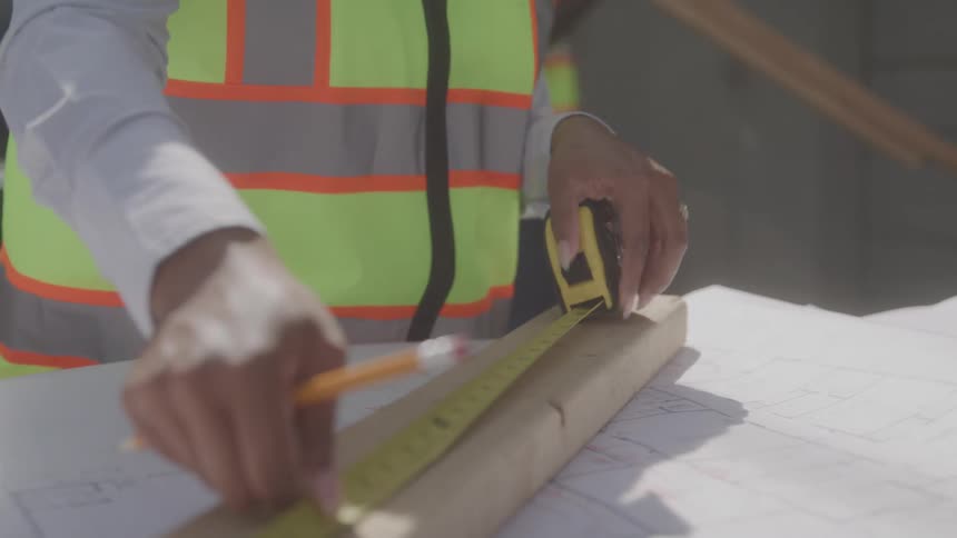 The man marks the wood with a pencil
