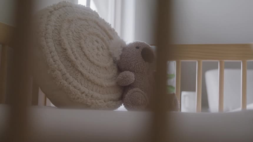 Round pillow and a teddy bear are placed inside a light wooden crib
