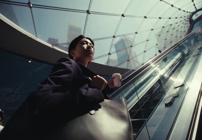 The woman riding an escalator and she is holding a white cup and appears to be in an airport or another large modern building with a glass roof