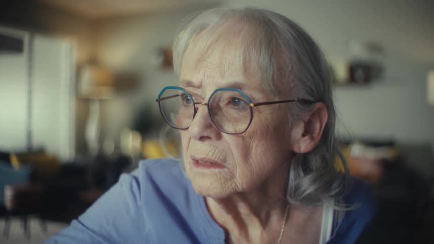 A woman with glasses and a blue shirt looks down at papers on a table and marks on them with a pen