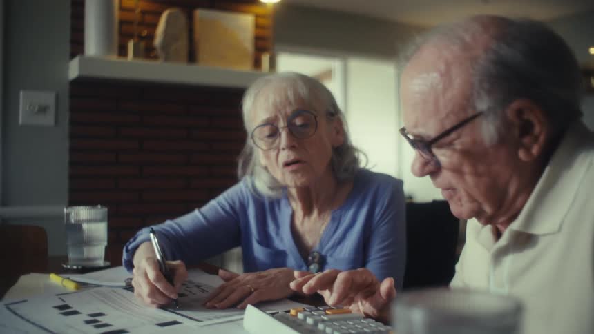 Elderly couple reviews financial documents while writing notes at the table
