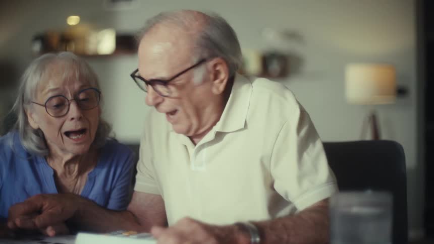 An elderly couple both wearing glasses sits at the dining table the man punches numbers into a calculator surprising the woman who drops a document she was holding and hugs him in excitement at midday