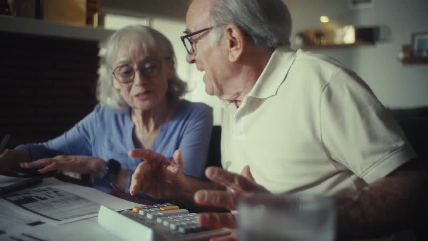 Elderly couple smiles while doing calculations with a calculator on the table