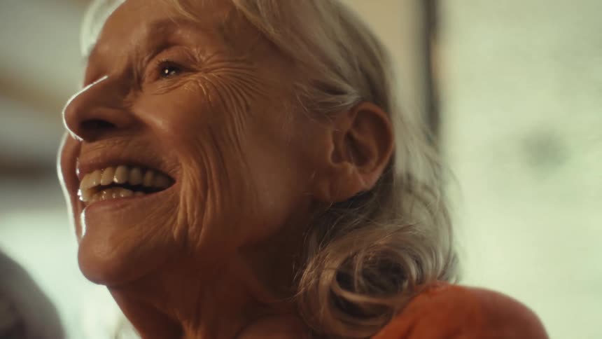 An elderly couple shares a microphone singing and having a good time indoors at midday