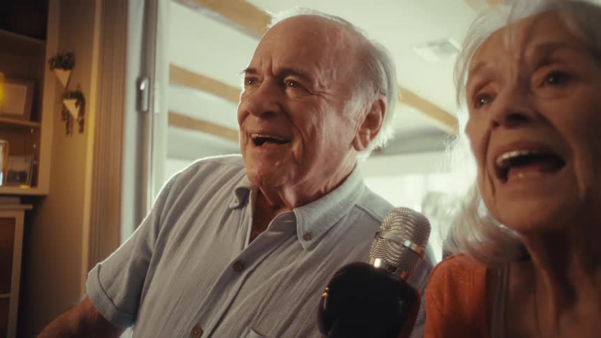 A man and woman who appear to be a couple are singing together they are holding a microphone and laughing with a bright light from a window illuminating the scene from the right