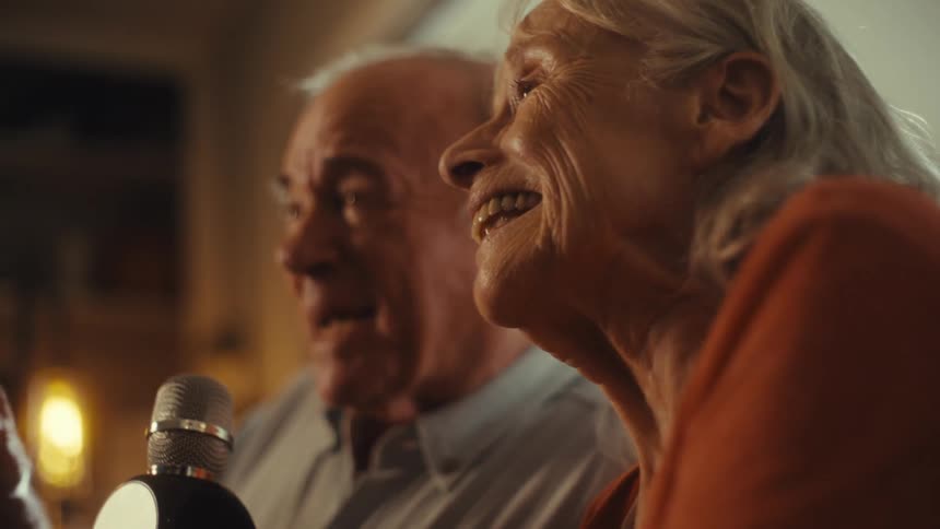 An elderly couple sits side by side in the living room happily singing karaoke into a microphone