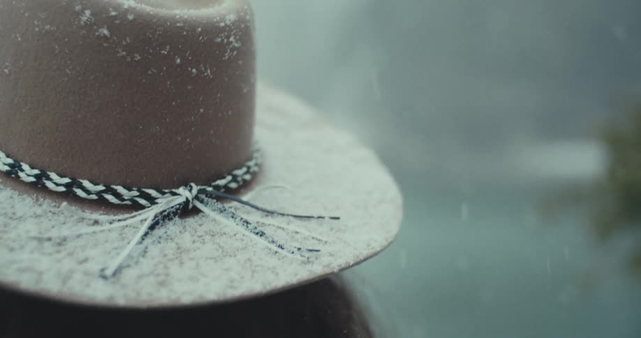 Brown hat covered in snow reveals details of a black and white braid