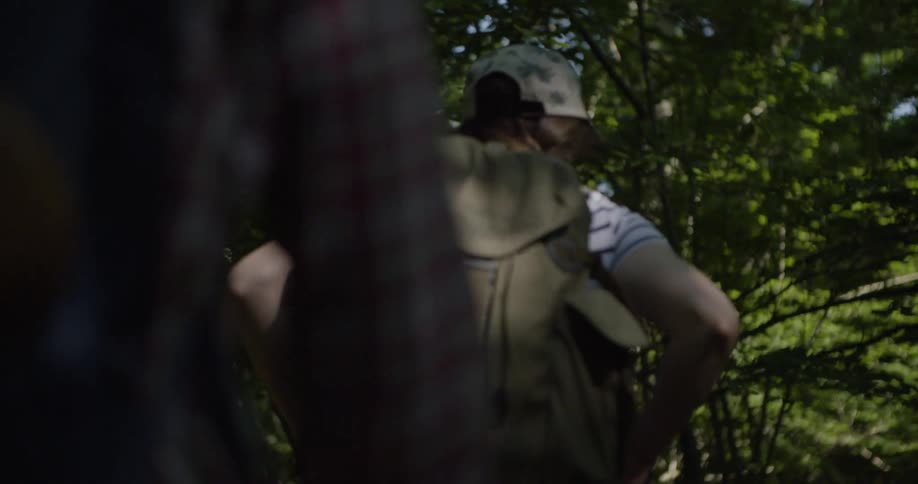 Two people walking along a trail
