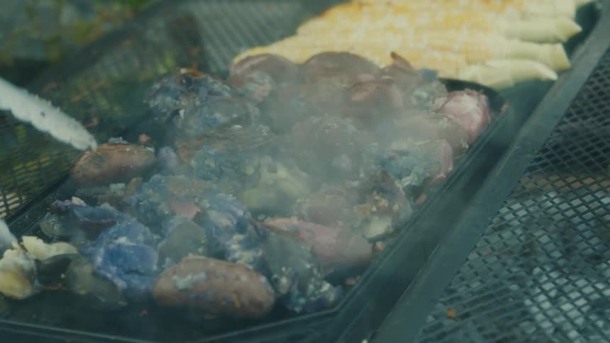 Person with a spatula cooking meat on a grill