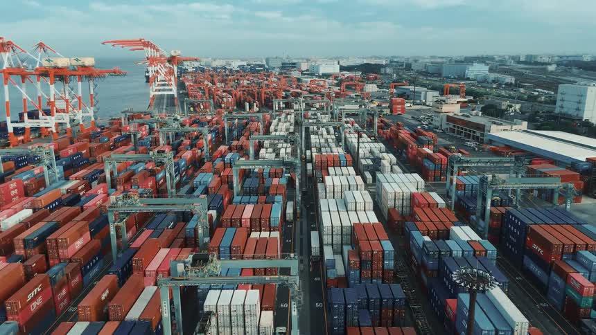 Thousands of containers in a seaside port