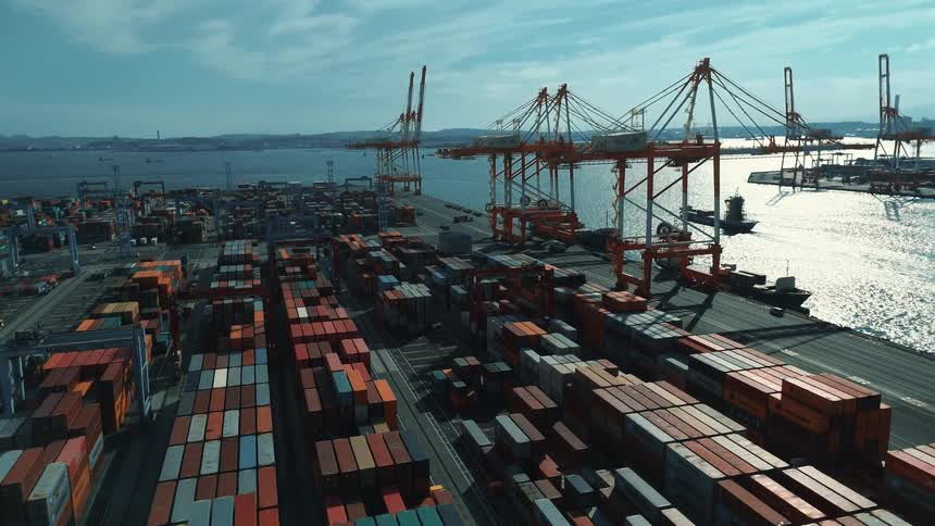 Towering cranes line a bustling port where rows of colorful shipping containers stretch toward the shimmering sea