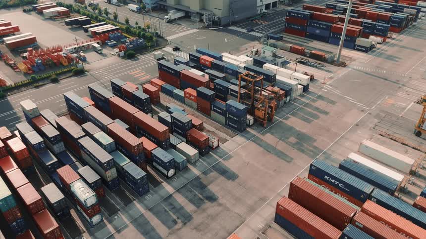 A warehouse is on the harbor