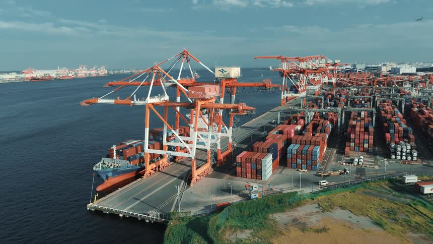 The video shows a busy port with two distinct lines the first line is a long row of stacked shipping containers along a dock a second parallel line is made up of large orange and white cranes that extend over the containers and the water