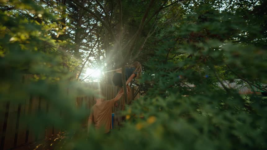 Two kids climb a tree in a backyard beside a wooden fence shaded from the sunlight by the trees branches