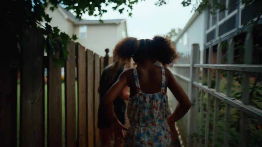 Two young girls walk closely behind an adult through a narrow fenced passageway at midday on the left a wooden fence runs alongside them while on the right a steel railing fence separates the path from the neighboring building