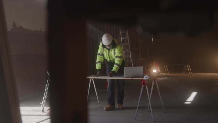 A construction worker in a hard hat and reflective vest stands at a table inside a dusty unfinished building and looks at blueprints