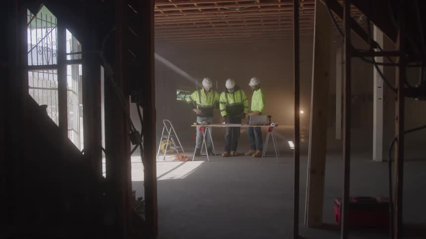 Three civil engineers working on a construction site
