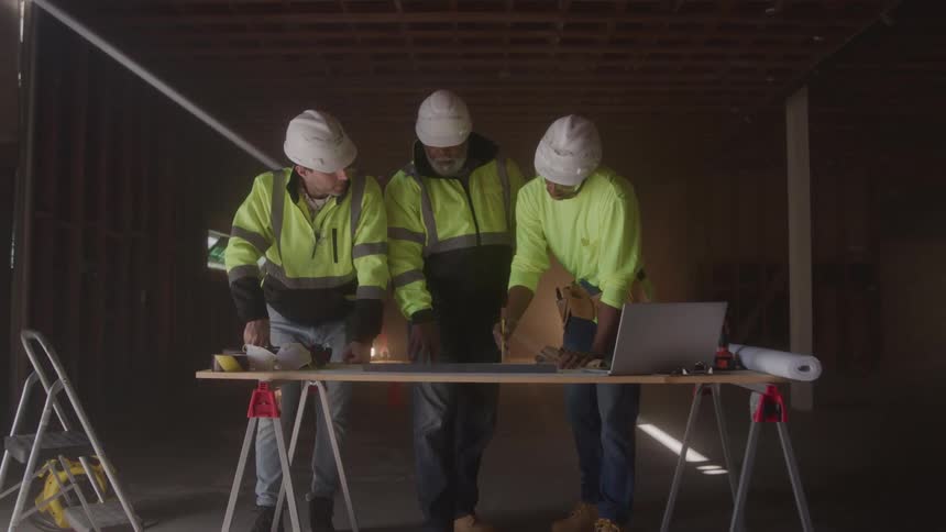 Three male engineers analyze a project on the table at a construction site