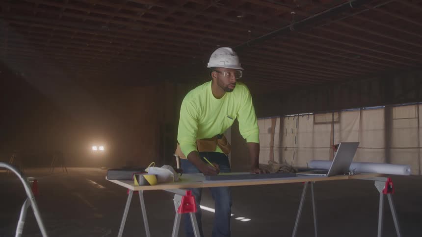 Civil engineer taking notes on a project at a construction site