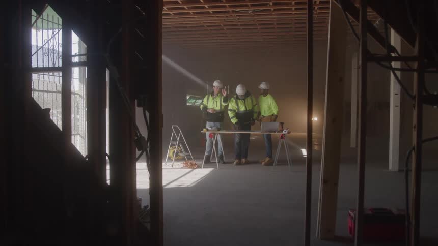 Three professionals wearing helmets and reflective vests review plans on a table at the construction site