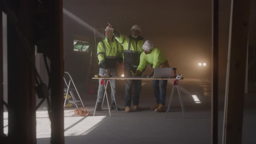 Three male construction workers wearing hard hats and reflective vests stand at a portable desk inside a dusty unfinished building and point at something on the ceiling