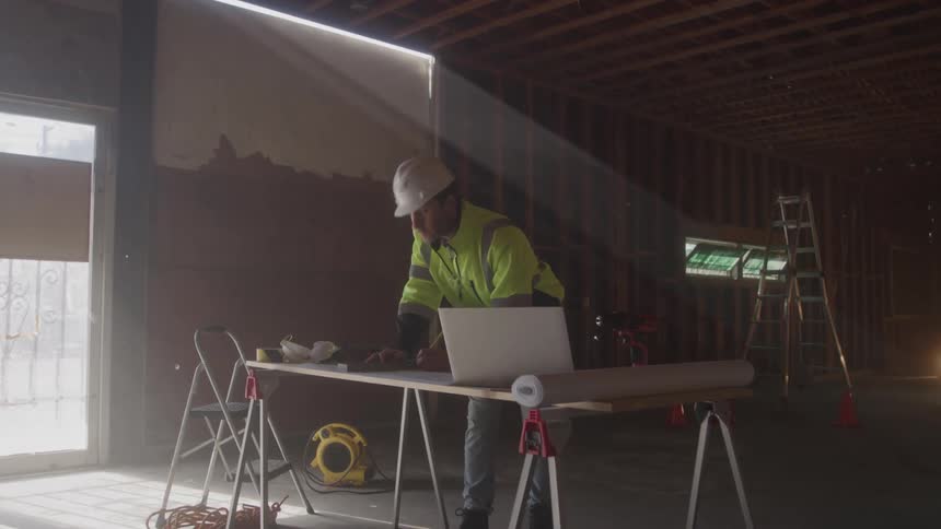 The construction worker is writing on a workbench